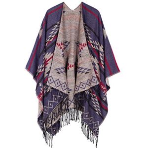 Urban GoCo Femme Manteau Cape Echarpe Epaisse Poncho Cardigan Foulard Chaud Hiver avec Franges (#3 Bleu Marine) - Publicité