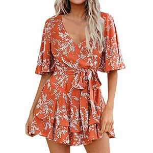 Eauptffy Eté Col V Plage Femmes Combinaison Short Taille Elastique Combinaison De Robe Plissée À Volants avec Et Manches Cloche pour Femme Blouse Jetable Ete Jumpsuit Col V Manche Courte Taille Haute Casual - Publicité