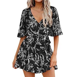 Eauptffy Eté Col V Plage Femmes Combinaison Short Taille Elastique Combinaison De Robe Plissée À Volants avec Et Manches Cloche pour Femme Blouse Jetable Ete Jumpsuit Col V Manche Courte Taille Haute Casual - Publicité