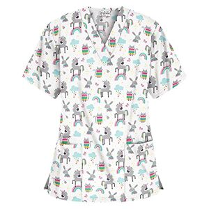 MIN YING Blouse de Travail Femme Blouse de Soignant Vêtements Médicals Garde-Malade Infirmière Uniforme Haut avec Deux Poches Imprimé T-Shirt à Manches Courtes Col en V - Publicité