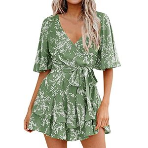 Eauptffy Eté Col V Plage Femmes Combinaison Short Taille Elastique Combinaison De Robe Plissée À Volants avec Et Manches Cloche pour Femme Blouse Jetable Ete Jumpsuit Col V Manche Courte Taille Haute Casual - Publicité