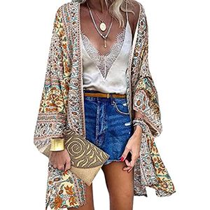 CheChury Femmes Kimono Plage Eté Bikini Cover Up Imprimé Kimono Veste Cardigan Bohème Pareo Tops Floral Cover Up Lâche Demi-Manches Kimono en Mousseline Blouse Élégant Robe de Plage Châle Beachwear - Publicité