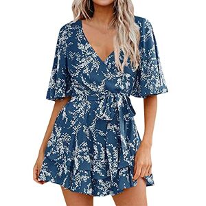 Eauptffy Eté Col V Plage Femmes Combinaison Short Taille Elastique Combinaison De Robe Plissée À Volants avec Et Manches Cloche pour Femme Blouse Jetable Ete Jumpsuit Col V Manche Courte Taille Haute Casual - Publicité