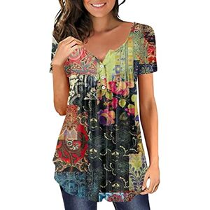 BSWFA Tunique Plage Femme, Fleurs Col en V Haut D'été Décontracté Ample Grande Taille Tuniques Hauts Chemise Longue Chemisier Haut à Manches Courtes Blouse Femme Chic et élégant Z01E-Gris foncé L - Publicité