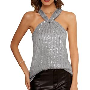 GRACE KARIN Femmes Club SequinedTops sans Manches Sangle Sparkle Shinning Camisole Gilet pour la Fête de Noël Argent Gris L - Publicité