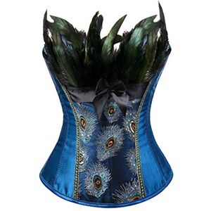 Grebrafan Femme Corset Bustier Plume Paon Fête Costume (EUR(42-44) 3XL, Bleu) - Publicité