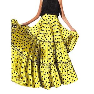 Générique Jupe plissée lâche plissée pour les femmes Mode Taille haute Pois Imprimé Jupe Maxi Robe à manches longues Femmes Noir, jaune, S - Publicité