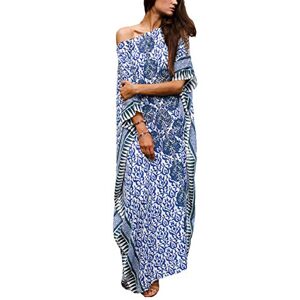 Bsubseach Lâche Manches Chauve-Souris Turc Djellaba Femme Robe de Plage Caftan Cover Up Ethnic Print Kaftan Beach Maxi Robe Africaine Boubou Africain Gandoura Pareo Bleu Imprimé - Publicité