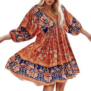 WVONIF Tailleurs-Robes Femme Tenue décontractée avec Short intégré élégante Robe à col en V à Manches volantées Dentelle Jacquard Couleur Unie Robe Ample avec Poches Robe Bohème Grande Taille - Publicité