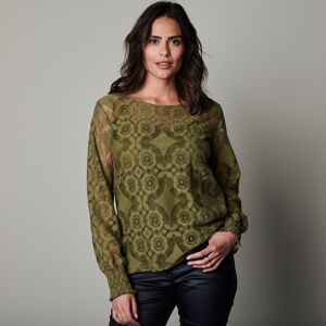 T-shirt dentelle manches longues blousantes - BlancheporteUne touche de dentelle et vous voilà la plus belle dans ce tee-shirt tout en délicatesse. Il s'associera parfaitement à un pantalon noir tout comme à votre jean chouchou, pour un look actuel et fém - Publicité