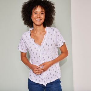 Blancheporte T-shirt Boutonne Col V Broderie Anglaise, Coton Imprime - Femme Blanc 34/36