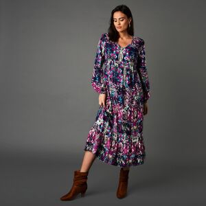 Robe longue imprimée graphique col V noué - BlancheporteUn splendide jeu de motifs graphiques stylise cette robe ample imprimée. Avec ses larges manches longues et ses empiècements volantés, le confort et l'aisance sont au rendez-vous pour une allure chic - Publicité