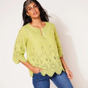 Blancheporte Blouse Unie Manches 3/4, Broderie Anglaise - Femme Vert 44