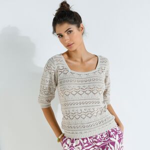 Blancheporte Pull Maille Ajouree Fantaisie, Manches Coude - Femme Beige 38/40