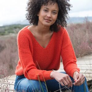 Blancheporte Pull Col V Volume Loose, Maille Anglaise Toucher Mohair - Femme Orange 56