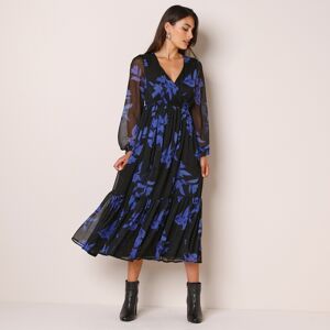 Blancheporte Robe Longue Volant, Voile Imprimé - Femme Noir 36