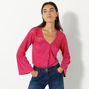 Blancheporte T-shirt Boutonne Manches 3/4 Dentelle - Femme Rose 52