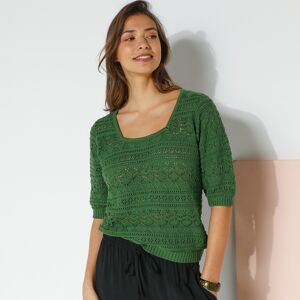 Pull maille ajourée fantaisie, manches coude - BlancheporteUn col au carré, des manches coude agréables et un style détonant. Ce pull a de quoi faire pâlir de jalousie tous les hauts de votre dressing... Couplé avec notre jupe fendue, il sera parfait pour - Publicité