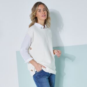 Pull-tunique sans manches à boutons effet corne, maille fantaisie - BlancheportePorté à même la peau, avec une chemise, une robe ou un sous-pull, version habillée ou bohème, le pull sans manches permet une multitude de looks superposés ! C'est la note de  - Publicité