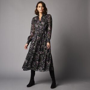 Robe longue imprimée en voile jacquard - BlancheporteMagnifique motif teinté de violet et relevé d'un superbe fil brillant dynamique et séduisant. Cette robe romantique se distingue par ses jolis détails : son col volanté en V, ses poignets smockés, ses f - Publicité