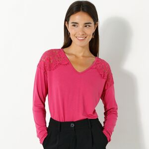 Blancheporte T-shirt Col V Manches Longues Dentelle - Femme Rose 34/36