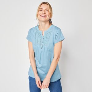 Blancheporte T-shirt Col Tunisien Manches Courtes, Broderie Anglaise - Femme Bleu 46/48