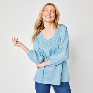 T-shirt manches 3/4, empiècement broderie anglaise - BlancheporteOh la jolie broderie anglaise ! Délicate, raffinée, elle charme nos basiques de son effet ajouré discret. En jean, en chino ou en short, ce tee-shirt en jersey fluide n'a pas fini de nous pl - Publicité