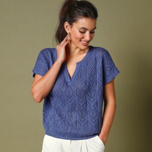 Pull boite, maille ajourée - 42/44 - Bleu - Lora ZelliniCe pull manches courtes mise sur ses détails ajourés et sur la douceur de sa maille pour vous séduire ! Portez-le avec la jupe coordonnée pour créer une "robe sur mesure", parfaitement adaptée à votr - Publicité