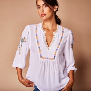 Blouse brodee manches amples, crepon - 46 - Blanc - Lora ZelliniSaupoudree de broderies colorees, cette blouse sera la piece maîtresse pour vous composer des looks bohemes ! On aime la seduction de son decollete, agremente de macrame, et son crepon leger 