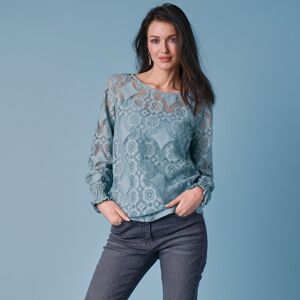 T-shirt dentelle manches longues blousantes - BlancheporteUne touche de dentelle et vous voilà la plus belle dans ce tee-shirt tout en délicatesse. Il s'associera parfaitement à un pantalon noir tout comme à votre jean chouchou, pour un look actuel et fém - Publicité