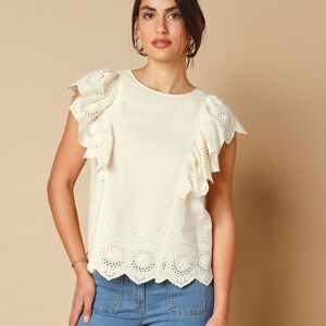 Blouse volantée avec broderie anglaise - BlancheporteEcru délicat ou bleu dur intense ? Difficile de choisir en effet entre ces 2 tendances de saison ! Rehaussée de larges volants aux épaules et d'une délicate broderie anglaise, cette blouse sera votre pe - Publicité