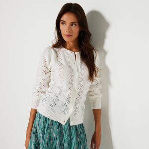 Cardigan boutonne manches blousantes, maille ajouree toucher mohair - BlancheporteComme un elan de douceur, ce cardigan a ete cree pour souffler une vague de bien-etre sur toute la saison. Doux, chaud comme il faut et terriblement chic en maille ajouree, 