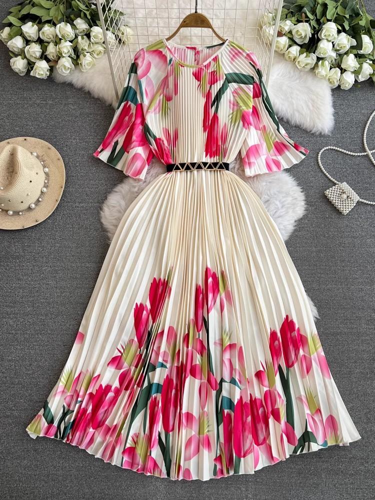 Summer Elegant Miyake Pleated Dress Women Clothing Flare Sleeve Flower Print Belt Oversized Big Swing Loose Long Robe