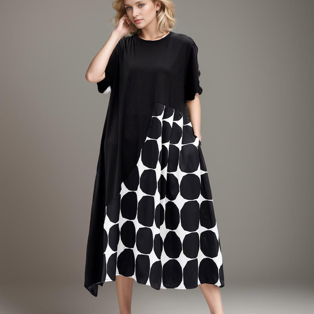 DIMANAF Plus Size Women 2024 New Summer Style Oversize Dress Dot Dresses Casual Basic Long Black Loose Dress
