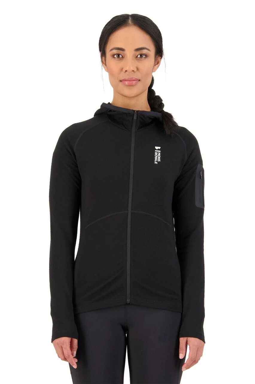 Mons Royale Women's Ascend Midi Full Zip Hood - Merino wool, Black / M