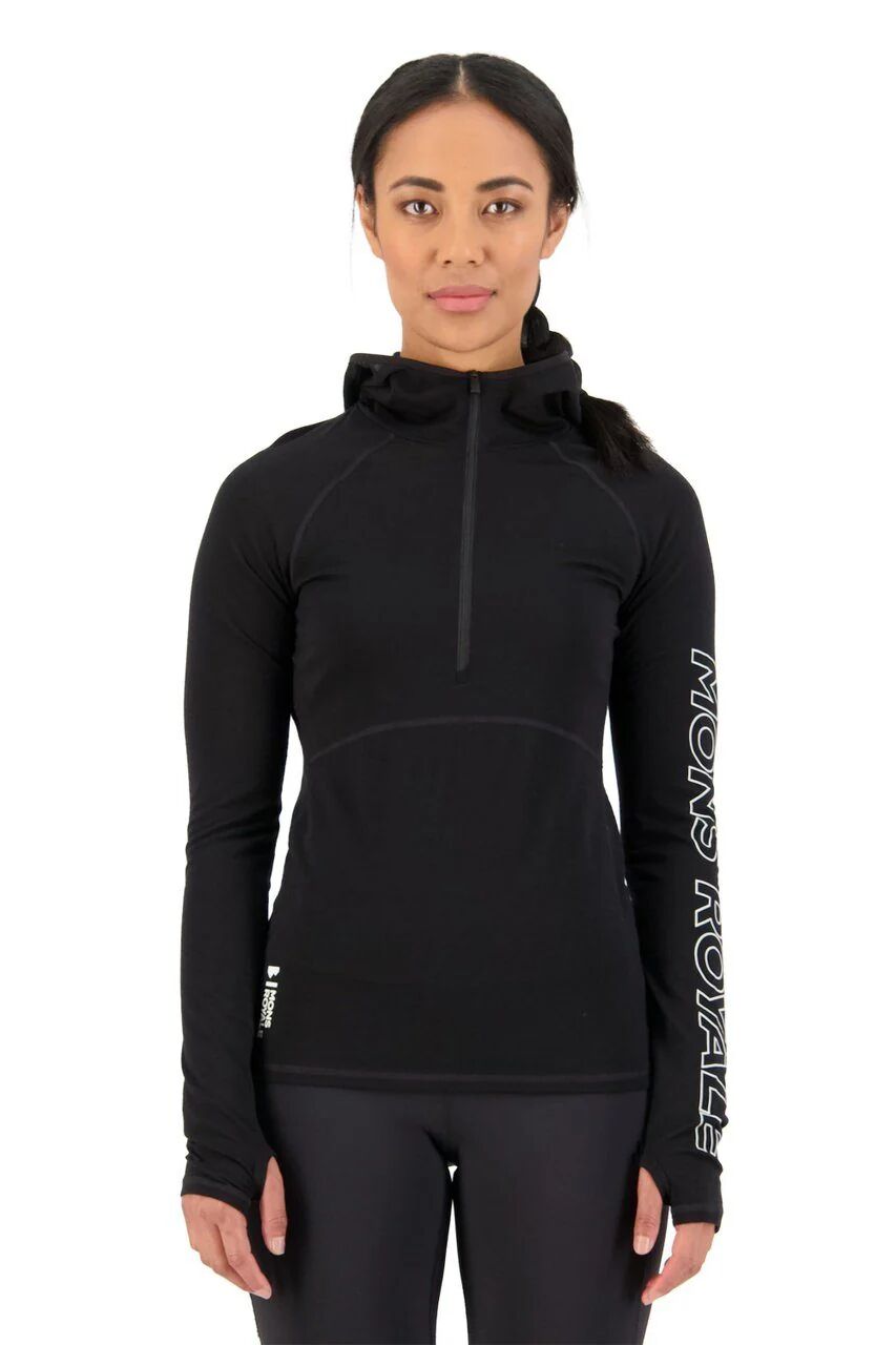 Mons Royale Women's Bella Tech Hoodie - ZQ certified Merino wool, Black / S