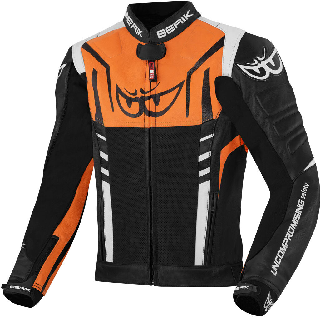 Berik Striper Motorcycle Leather Jacket  - Black White Orange