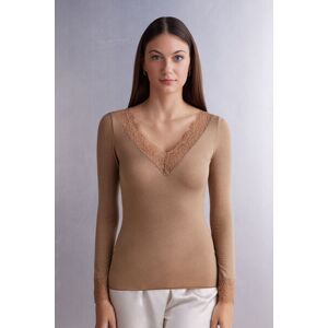 Intimissimi Maglia scollo a V in Modal Cashmere Ultralight e Pizzo Donna Marrone Taglia M