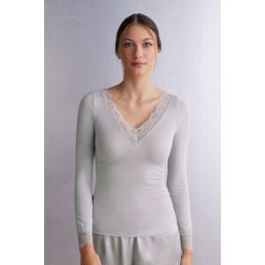 Intimissimi Maglia scollo a V in Modal Cashmere Ultralight e Pizzo Donna Grigio Chiaro Taglia L