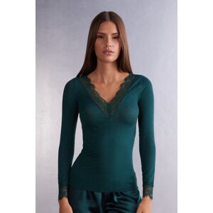 Intimissimi Maglia scollo a V in Modal Cashmere Ultralight e Pizzo Donna Verde Taglia M