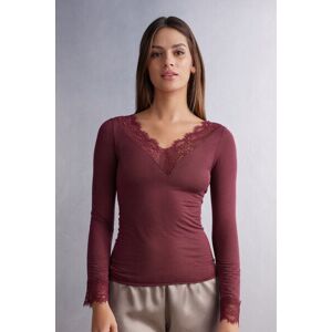 Intimissimi Maglia scollo a V in Modal Cashmere Ultralight e Pizzo Donna Bordeaux Taglia L