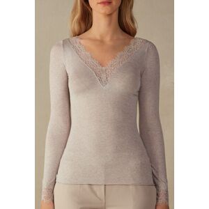 Intimissimi Maglia scollo a V in Modal Cashmere Ultralight e Pizzo Donna Naturale Taglia S