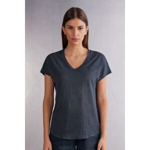 Intimissimi Maglia Manica Corta con Scollo a V in Lino Donna Blu Taglia S