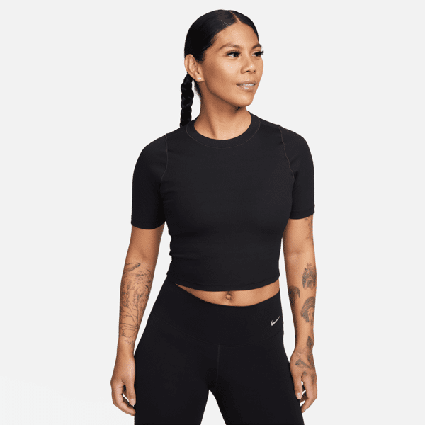 nike top corto a manica corta dri-fit  zenvy rib – donna - nero