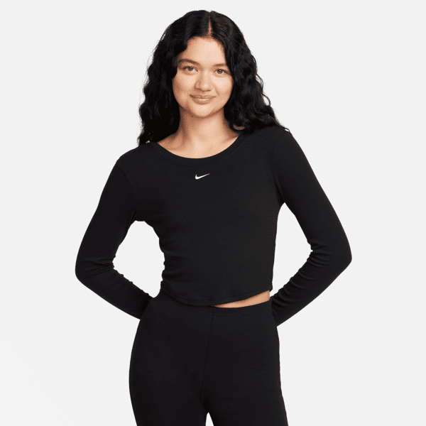nike top aderente a mini costine a manica lunga con retro arrotondato  sportswear chill knit – donna - nero