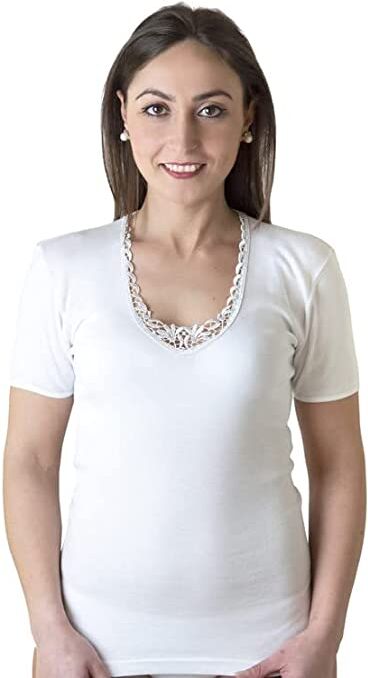 NEW DAY 3 T-Shirt Mezza Manica Intime Donna In Cotone Con Pizzo Macrame' Art M/m Macrame' Colore E Misura A Scelta BIANCO