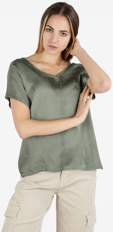 Solada Blusa donna a maniche corte con scollo a V lurex Bluse donna Verde taglia Unica