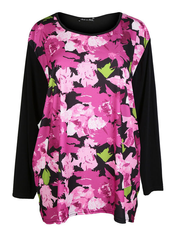 Miss E Co Blusa donna manica 3/4 a fiori taglie comode Taglie Forti donna Fucsia taglia Unica