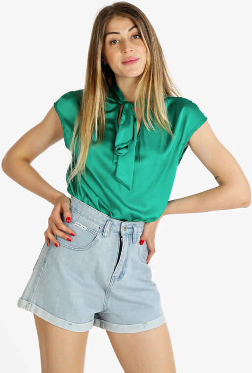 Sweet Blusa donna manica corta in raso con cravatta Bluse donna Verde taglia M