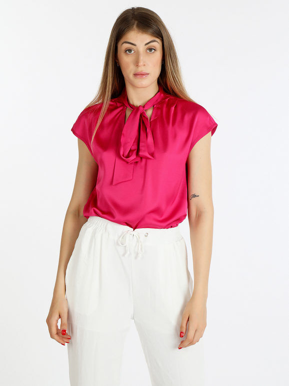 Sweet Blusa donna manica corta in raso con cravatta Bluse donna Fucsia taglia L